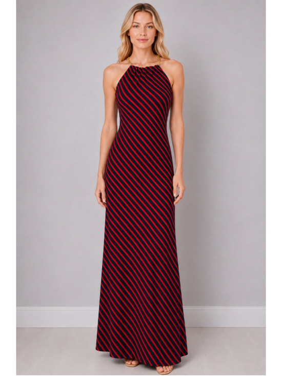 Lauren Ralph Lauren Dresses & Skirts - Ralph Lauren Stripe Halter Dress Navy Red Gold Chain Preppy Cocktail Maxi Size 6